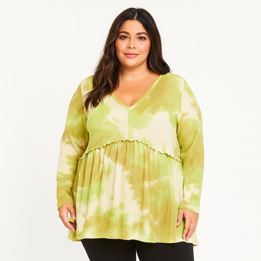 A518 • Green Tie-Dye Textured Babydoll Long Sleeve Top